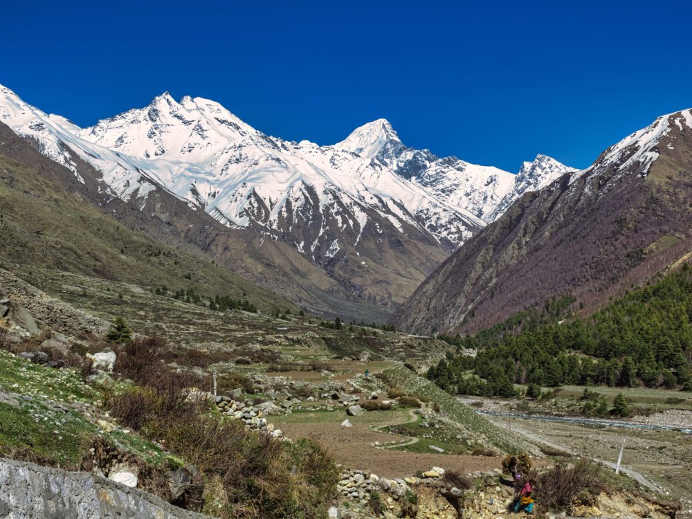 A beautiful landscape of snow-covered Himalayan mountains near the village of Chitkul in Kinnaur, India