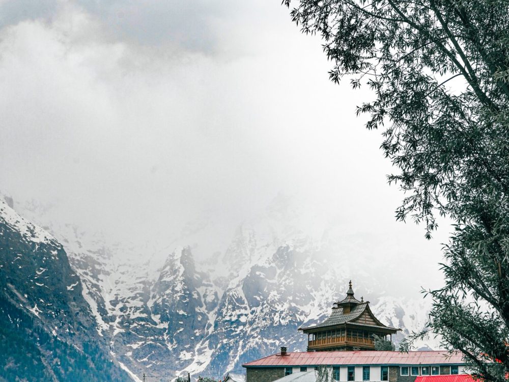A vertical shot of Lochawa La Khang monastery in Kalpa, Himachal Pradesh during cold winter